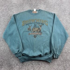 Vintage Browning Sweatshirt Mens Large Teal Deer Hunting Graphic Crewneck